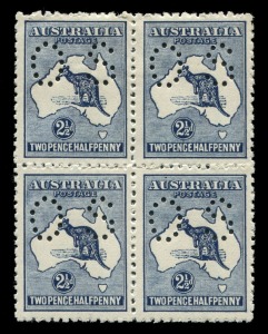 Kangaroos - Third Watermark: 2½d Deep Indigo, blk.(4) perforated Small OS; upper units MLH, lower units MUH. A scarce multiple. BW:Cat. $1500+.