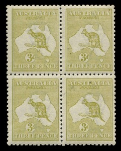 Kangaroos - Third Watermark: Kangaroos - Third Watermark : 3d Olive (Die IIB) blk.(4); MUH; upper right unit with tiny natural paper inclusion above last 'A' of 'AUSTRALIA'. Cat.$900.