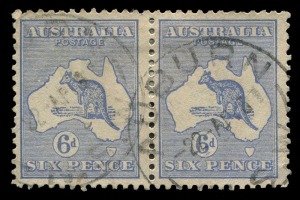 Kangaroos - Third Watermark : 6d Ultramarine Die II horizontal pair (2) with Plate 1 varieties "White flaw off W.A. Coast" [R55] and ""White flaw obliterating Port Phillip Bay" [R56]. BW - $400++. These constant varieties are rarely seen and almost never 