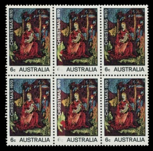 AUSTRALIA: Decimal Issues: 1970 (SG.475) 6c Christmas block of 6 (3x2), centre units error "Black colour largely missing" ('6c' partially, and all of the background colour to 'CHRISTMAS 1970'), variety units MUH. Impressive error worthy of catalogue recog