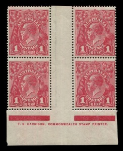 KGV Heads - Single Watermark: 1d Red Plate 4, Harrison one-line imprint block (4) with varieties "Ferns" [VII/54] and "'RA' of 'AUSTRALIA' joined" [VII/60], fresh block with upper units MVLH, lower units MUH; BW: 71(4)zj - Cat. $1500+.