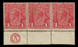 KGV Heads - Single Watermark: 1d Red Die III 'CA' Monogram strip of 3, some hinge reinforcements at base, selvedge without gum, stamps MLH: BW: 75zb - Cat. $3,750.