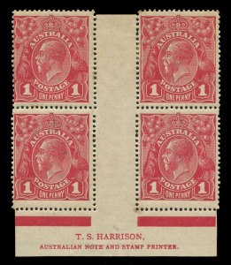 KGV Heads - Single Watermark: 1d Red Plate 4 Harrison two-line ('N' over 'MP') imprint block of 4 with varieties "Ferns" and "'RA' of 'AUSTRALIA' joined", cpl. gum tones, lower units MUH; BW: 71(4)zk - Cat. $1750.