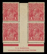 KGV Heads - Single Watermark: 1d Red Plate 4 Harrison two-line ('N' over 'MP') imprint block of 4 with varieties "Ferns" and "'RA' of 'AUSTRALIA' joined", cpl. gum tones, lower units MUH; BW: 71(4)zk - Cat. $1750.