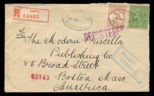 Kangaroos - First Watermark : May 1915 usage of 5d Chestnut + ½d Green KGV on registered cover from Perth to BOSTON, U.S.A. with blue rectangular CENSOR cachet; Boston and New York backstamps. Fine and rare.