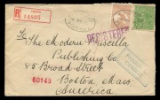 Kangaroos - First Watermark : May 1915 usage of 5d Chestnut + ½d Green KGV on registered cover from Perth to BOSTON, U.S.A. with blue rectangular CENSOR cachet; Boston and New York backstamps. Fine and rare.