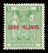 COOK ISLANDS: 1936-44 (between SG.116 & 123) Overprint selection comprising 2/- & 3/- Admirals (SG.116-17), &pound;1 'Cowan Paper' Arms (SG.121) & &pound;3 'Wiggins Teape Paper' Arms (SG.123b), fine mint, Cat. &pound;600.