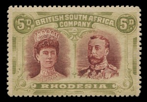 Rhodesia: 1910-13 Double-Heads (SG.175) 5d lake-brown & olive Perf.15, unused, Cat. £800.