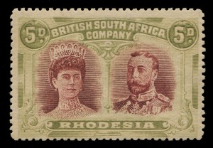 Rhodesia: 1910-13 Double-Heads (SG.175) 5d lake-brown & olive Perf.15, unused, Cat. £800.