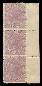 QUEENSLAND: 1882-91 (SG.172) 1/- Rough Perf.12 vertical strip of 3 from right of the sheet, error "WITHOUT WATERMARK" (instead of 2nd Crown/Q Wmk), two units MUH. Ceremuga Certificate (2021) states "Rare variety, believed to originate due to miscut sheet of paper resulting in greatly misplaced watermark positions"