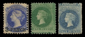 SOUTH AUSTRALIA: 1867-71 (SG.57, 90 & 93) unused trio with 1867-70 6d Prussian blue, large-part og, expertising handstamp on reverse, Cat. £1100; also 1870-71 1d bright green P.10, unused/without gum, and 3d on 4d ultramarine (tonespot), misperforated, pa