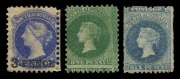 SOUTH AUSTRALIA: 1867-71&nbsp;(SG.57, 90 & 93) unused trio with&nbsp;1867-70 6d Prussian blue, large-part og, expertising handstamp on reverse, Cat. &pound;1100; also&nbsp;1870-71 1d bright green P.10, unused/without gum,&nbsp;and 3d on 4d ultramarine (tonespot), misperforated, pa