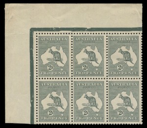 Kangaroos - Third Watermark: 2d Silver Grey (Die IIA) upper left corner blk.(6) with variety "White flaw over C of PENCE" BW:8d, very fine and fresh. Cat.$1350++.