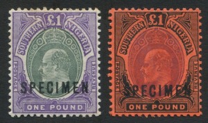 SOUTHERN NIGERIA: 1903-04 (SG.20s) Crown CA KEVII £1 green & violet (slight tone at top) and 1907-11 (SG.44s) MCA £1 purple & black/red, both optd 'SPECIMEN', fine mint overall. (2)