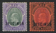 SOUTHERN NIGERIA: 1903-04 (SG.20s) Crown CA KEVII &pound;1 green & violet (slight tone at top) and 1907-11 (SG.44s) MCA &pound;1 purple & black/red, both optd 'SPECIMEN', fine mint overall. (2)