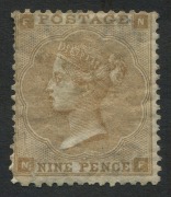 GREAT BRITAIN: 1862-64 (SG.86) Small Uncoloured Corner Letter Wmk Emblems 9d bistre Plate 2, repair to lower-left corner, hinge remnants, part-gum, Cat £5,800.