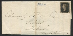 GREAT BRITAIN: 1840 1d Black (SG.2) Plate 9 (3 margins, cut-into at top) on 1841 (Feb.2) Fakenham, Norfolk local entire, stamp just tied Maltese Cross in red, two vertical folds, one affecting the stamp.