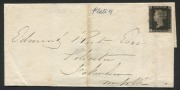 GREAT BRITAIN: 1840 1d Black (SG.2) Plate 9 (3 margins, cut-into at top) on 1841 (Feb.2) Fakenham, Norfolk local entire, stamp just tied Maltese Cross in red, two vertical folds, one affecting the stamp.