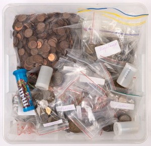 Coins - World: 1900-1980s circulated world array with AUSTRALIA large quantity of decimal 1c & 2c (4kg+), world coins sorted into zip-lock bags, mostly decimal era with emissions from Austria, Fiji, France, Great Britain, Italy, Solomons, USA, plus lesser quantities from other countries; also a few counterfeits including USA 1875 Trade Dollar; total weight 9kg+.