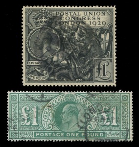 GREAT BRITAIN: 1902-1962 KEVII-early QEII collection in SG 'Exeter' album with used KEVII 1902-13 to 5/- (2), 10/- & £1 with duplicated lower values; KGV with 1925 Wembley, 1929 £1 PUC, 1934 Re-engraved Seahorses to 10/- (2):  KGVI Arms 2/6d to £1 incl. 1
