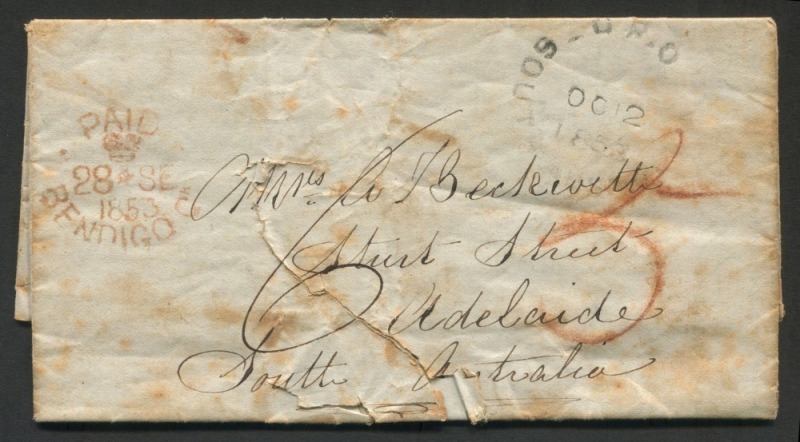 VICTORIA - DATESTAMPS: 1853 entire (poor condition) to Adelaide with fine strike of 'PAID/(crown)/28SE/1853/BENDIGO CK' datestamp in red (Rated 4R), accompanied by transcript of the letter contents which mentions setting up camp in Sailors Gully, and disp