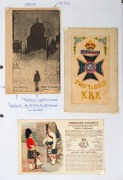 POSTCARDS - THEMATICS - MILITARY WWI: 1914-1940s single volume collection with Australian cards including three drawn by M.Melvin of HMAT Benalla (A24), Egypt OAS postcards addressed to Australia (8); also French Western Front silk types (26), Daily Mail - 4