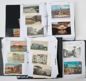 POSTCARDS - ITALY: 1900s-1970s era collection in three volumes, an approximate 50/50 split of earlier and later (post 1960) cards (one volume almost entirely modern cards); many of the older cards showing buildings, architecture and religious buildings of larger cities including Brescia, Florence, Genoa, Milan, Naples & Rome; topographical and coastal views are also well represented, particularly amongst the modern cards; condition variable. (600+)