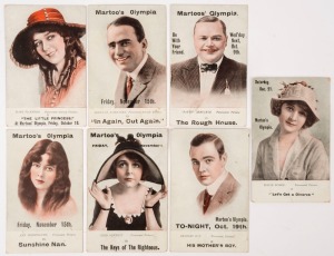 POSTCARDS - THEMATICS - ADVERTISING: Martoos' Olympia (Ipswich, Queensland) c.1917 advertising postcards for forthcoming movies to be shown at the theatre, including Mary Pickford in "The Little Princess", Douglas Fairbanks in "In Again, Out Again", Fatty Arbuckle in "The Rough House", and four others; all unused with some blemishes. (7) Known as Bossie Martoos' Olympia, Bacelie (Bossie) Martoo ran the Olympia Theatre in Gordon Street, Ipswich from 1910 until 1927.