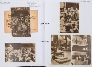 POSTCARDS - THEMATICS - ROYAL FAMILY & MILITARY: 1900s-80s single volume collection with KEVII Empire Day Card with printed 'Empire Movement' message on reverse, real-photo card of 'Royal Gathering at Windsor, November 1907', KEVII's Funeral Procession (11, all different); KGV, KGV & QEIIl Coronation cards, plus other cards depicting associated pageantry; also military cards showing guards parading, others showing military camps including 'The Bedford Volunteer Brigade Camp