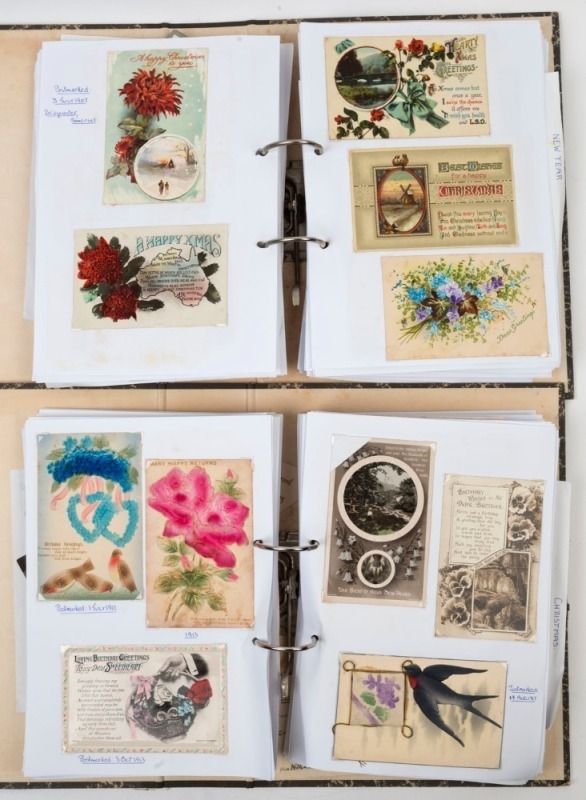 POSTCARDS - THEMATICS - GREETINGS TYPES: Two volume collection of mostly 1900s-1940s British cards (some Australian) mostly for Birthday or for Christmas, plus others for New Year, Easter and a section of miscellaneous cards, majority with floral designs,