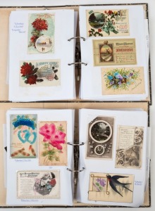 POSTCARDS - THEMATICS - GREETINGS TYPES: Two volume collection of mostly 1900s-1940s British cards (some Australian) mostly for Birthday or for Christmas, plus others for New Year, Easter and a section of miscellaneous cards, majority with floral designs, some embossed (a few elaborately so); condition is variable. (500+)