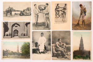 POSTCARDS - INDIA: Collection of mostly older (1900s-1940s) black & white cards (few coloured), mostly from larger towns/cities including Agra, Ahmedabad, Bombay, Calcutta, Delhi, Jeypore, Lucknow & Quetta. Some fascinating images sighted including 'Elephant stacking Timber', 'The Ideal Cycling Costume' & 'Pontoon Bridge on Hooghly'; plus rural/native village views, street & market scenes, etc; also a second volume titled 'A Soldier's Journey' with lots of real-photo cards and photographs