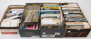 POSTCARDS - WORLD: Mostly modern cards in 4 shoeboxes, partly sorted by country, with some Australian cards noted; also some postcard books/folders, plus some older cards from Great Britain and Europe. Huge quantity to view. (few 1000s)