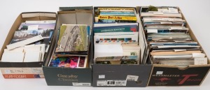 POSTCARDS - WORLD:  Mostly modern cards in 4 shoeboxes, partly sorted by country, with some Australian cards noted; also some postcard books/folders, plus some older cards from Great Britain and Europe. Huge quantity to view. (few 1000s) 