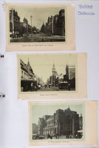POSTCARDS - AUSTRALIAN STATES - TASMANIA & VICTORIA : single volume collection, the Victoria cards (140 approx) with an approximate 50/50 split of earlier and later (post 1960) cards, with lots of Melbourne building/street views plus a number of Rose series 1930s-50s real-photo types of Melbourne and Geelong, country Victoria images noting three Bendigo images used in 1909-11 to Bulawayo, Rhodesia, plus 'Morning Mist in Bright'
