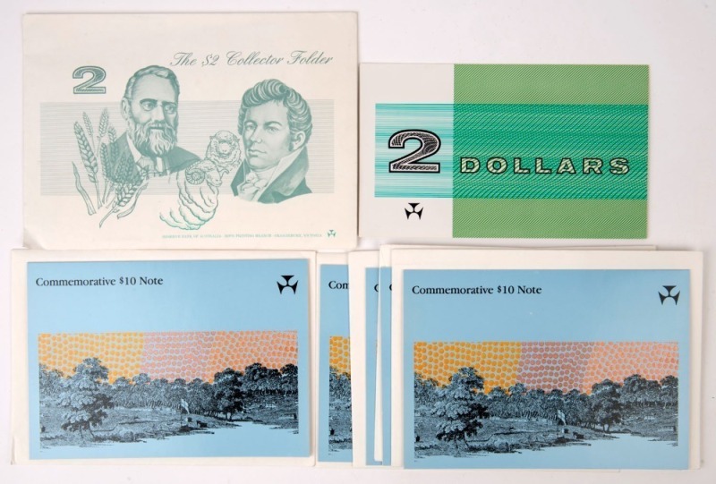 Banknotes - Australia: Decimal Banknotes: 1988 $10 Bicentennial Collector Issue (5), all with presentation folders & envelopes, four are consecutively numbered between 'AA19108577-580'; also 1998 Johnston/Fraser $2 Final Printing in commemorative folder.