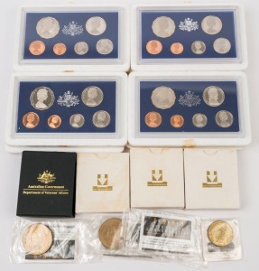 Coins - Australia: Decimals: DECIMAL ARRAY: with RAM 1c to 50c 1983 (3) & 1984 proof coin sets, 1984 RAM $1 proofs (3), 1988 $5 Commemorative Coins (3); also 1982 Archibald Fountain jubilee medallion, and a 2005 Dept of Veterans' Affairs 60th Anniversary of End of WWII medallion. (12 items)