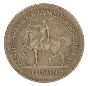 Coins - Australia: Two Shillings:1934 Victoria Centenary Florin, EF+.