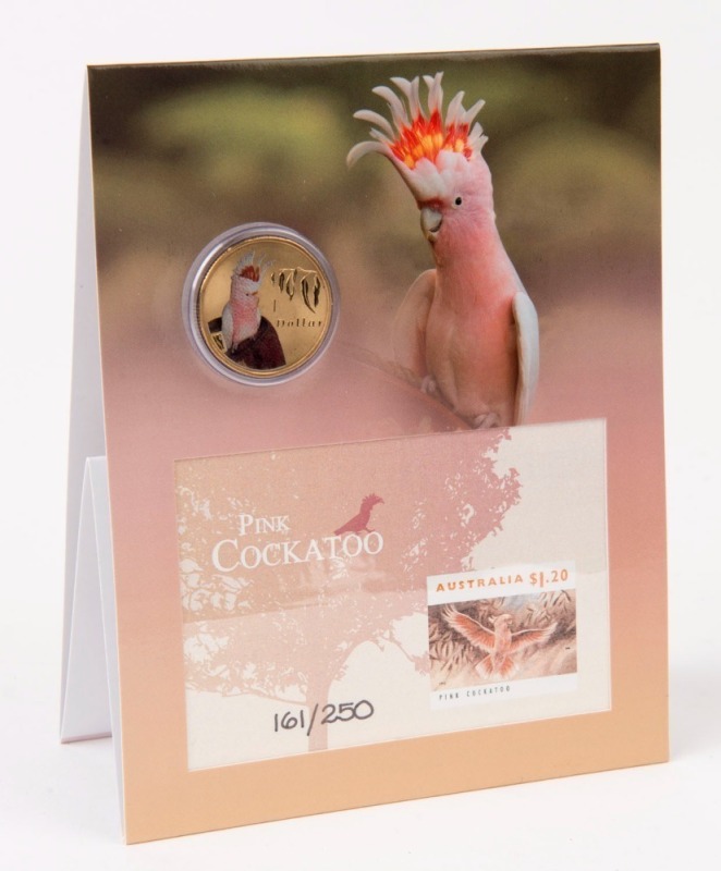 Coins - Australia: One Dollar: 2011 'Air' series Major Mitchell's (Pink) Cockatoo, pad printed $1 forming part of a Mini PNC with imperforate $1.20 Cockatoo miniature sheet. Limited edition, numbered '161' of only 250 produced. Extremely hard to source.