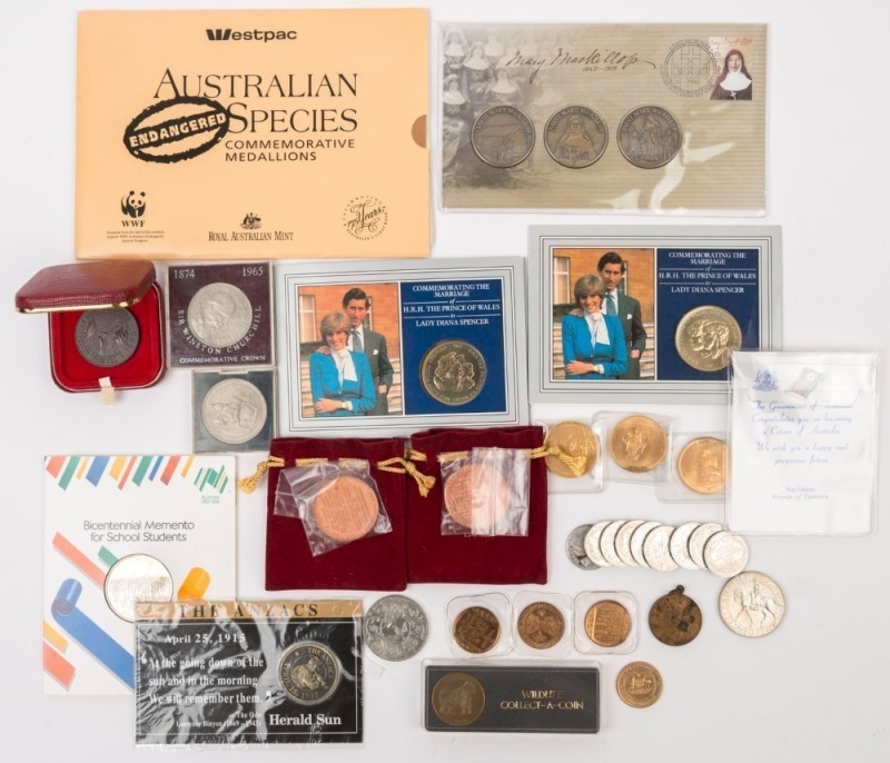 Medallions & Badges: 1950s-90s array with AUSTRALIA 1951 Fifty Years of Commonwealth medallion (poor condition), 1966 Decimal Commemorative Medal (in presentation box), 1970 State Savings Bank Cook medallions (3), 1975 City of Doncaster & Templestowe meda