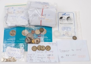 Coins - Australia: Accumulation with circulated pre-decimal KGVI/QEII florins (4), shilling, 6d (4, two KGV), 3d (20), pennies (84) & halfpennies (16); decimal with '175 Years of Melbourne/ Royal Exhibition Building silver medallion (weight 28g), and quantity of circulated decimal coins plus 1858 Hide & De Carle token &1897 Ballarat QV Jubiilee medallion (pierced); also WORLD issues including USA 1899 Liberty dollar, GB 1788 George III 'Good Old Days' gaming tokens (2),