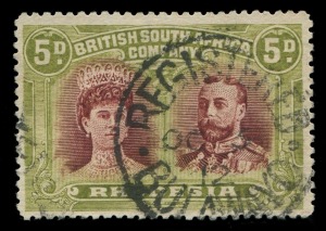 Rhodesia: 1910-13 (SG.143a) 5d lake-brown & green Double Head perf.14, fine used with large-part 'REGISTERED/BULAWAYO' datestamp, Cat. £1600. Rare shade. Brandon Certificate (2002)
