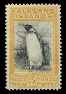 Falkland Islands: 1933 (SG.136) Centenary of British Administration 5/- King Penguin, very fine MLH, Cat. £1000.