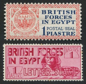 Egypt: BRITISH FORCES IN EGYPT: 1932-34 (SG.A1 & A7) comprising 1932 1p deep blue & red perf.11 inscribed 'POSTAL SEAL' very fine mint, plus 1934-35 1p carmine perf 14½x14 inscribed 'LETTER STAMP', faint corner crease, otherwise fine mint; Cat. £150. (2)