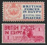 Egypt: BRITISH FORCES IN EGYPT: 1932-34 (SG.A1 & A7) comprising 1932 1p deep blue & red perf.11 inscribed 'POSTAL SEAL' very fine mint, plus 1934-35 1p carmine perf 14&frac12;x14 inscribed 'LETTER STAMP', faint corner crease, otherwise fine mint; Cat. &pound;150. (2)