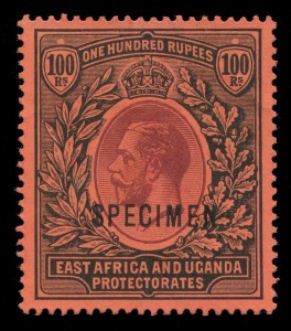 EAST AFRICA AND UGANDA PROTECTORATES: 1912-21 (SG.62s) KGV 100r purple & black on red, high value definitive overprinted 'SPECIMEN', fine mint, Cat.£750.