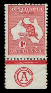 Kangaroos - First Watermark: 1d Red Die II Plate F 'CA' Monogram single with "Prominent shading flaw over 'PO' of 'POSTAGE', nibbed perf at top, fine MVLH; BW:3(F)za - Cat. $650.