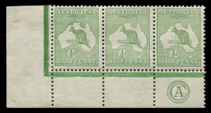 Kangaroos - First Watermark: ½d Green Plate 2 corner strip of 3 with 'CA' Monogram under [L57] and variety "Retouched shading over 'U' of 'AUST" [L55], minor gum abrasion in lower margin, non-monogram units MUH; BW: 1(2)Zja  - Cat.$1400+.