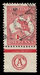 Kangaroos - First Watermark: 1d Red Die II Plate F 'CA' Monogram single, inconspicuous tear in the margin, few nibbed perfs at upper-right, tidy South Australian squared-circle cancel; BW:3(F)za - Cat $550 mint, unpriced used and rare thus.