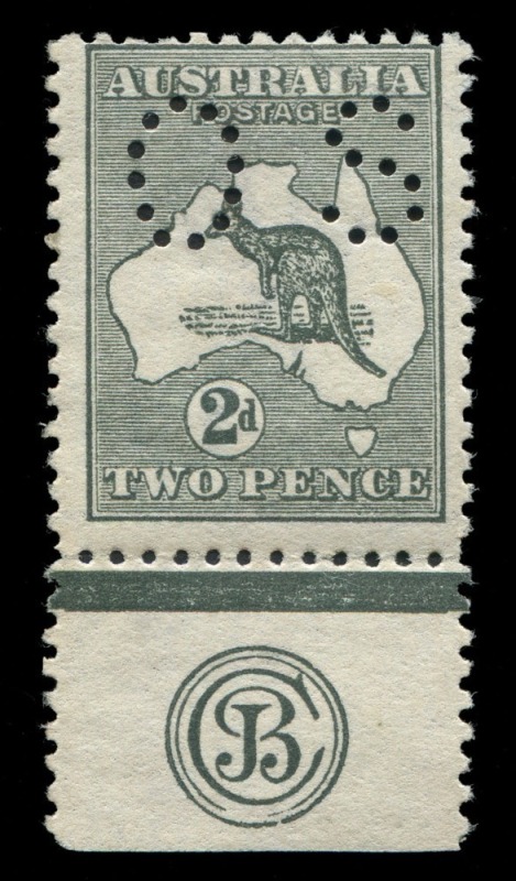 Kangaroos - First Watermark: 2d Grey perf Small 'OS' Plate 2 'JBC' Monogram single, couple nibbed perfs at top, fine MLH, BW: 5(2)zc - Cat $1500. 